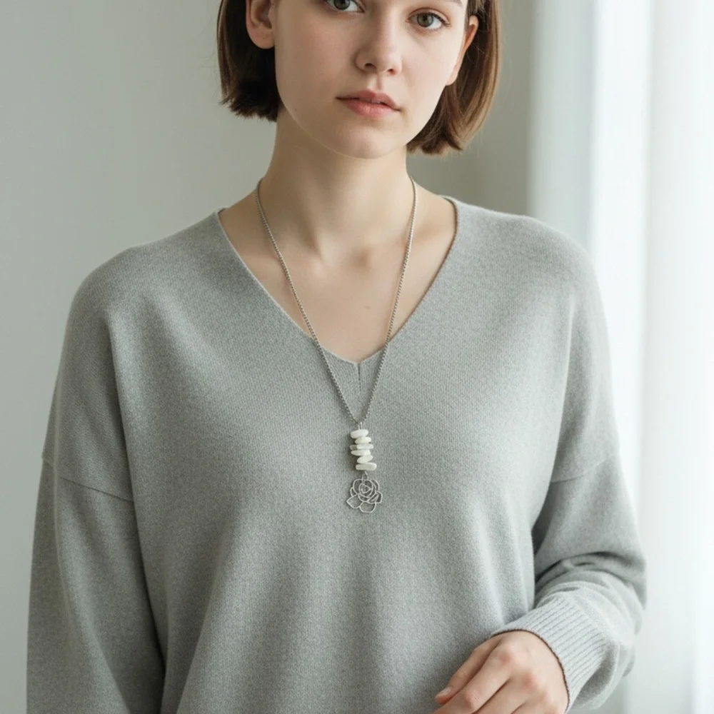 🆕 Rose and Large White Gemstones Pendant Necklace-Stainless Steel